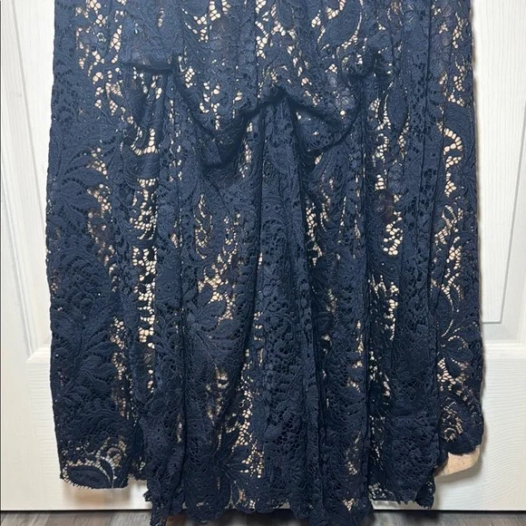 Navy Blue Evening Gown Nude Lining with Lace Overtop Beaded Plunging Neckline - Picture 9 of 16